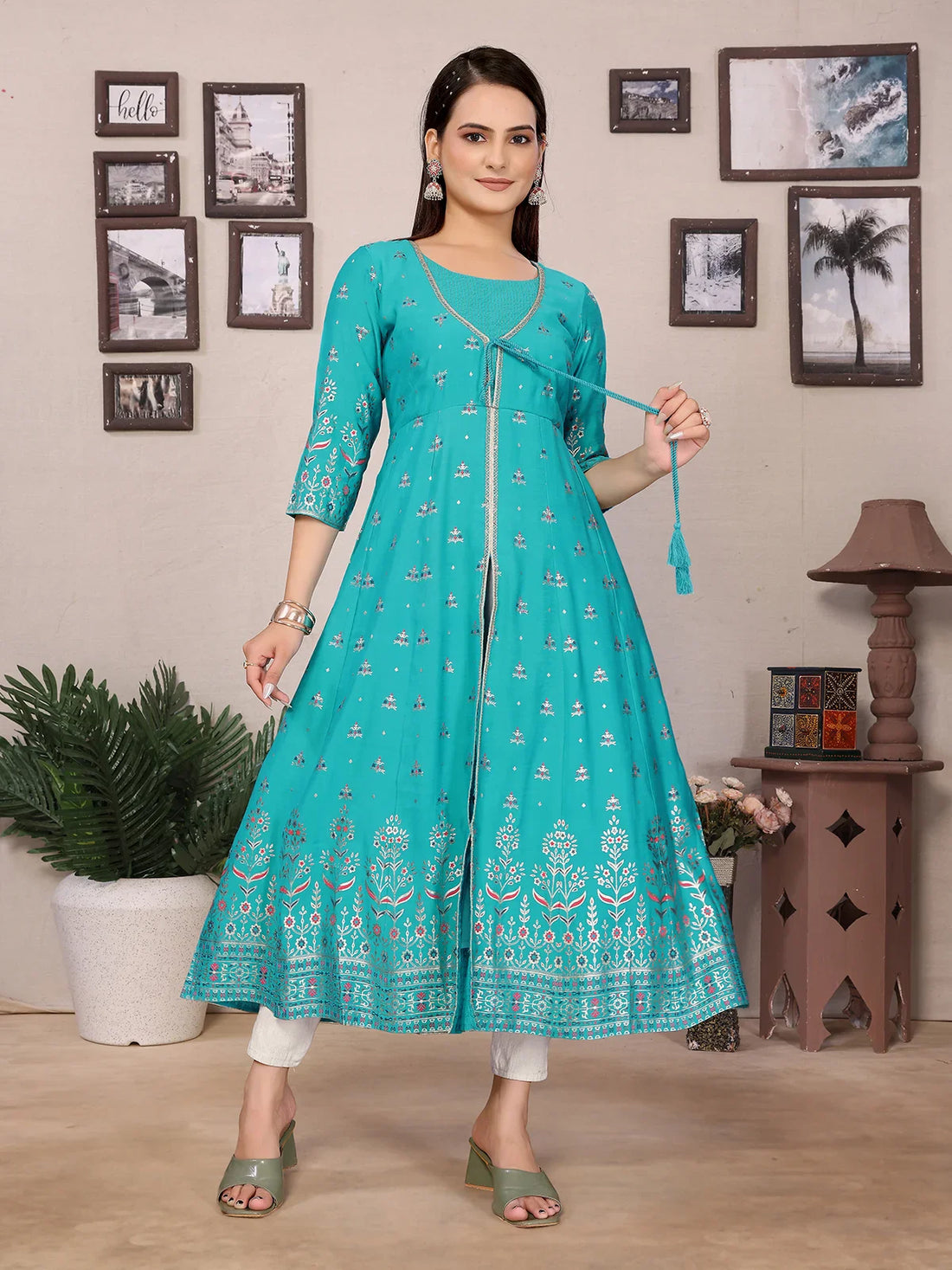 Buy Viscose Poly Printed Anarkali Calf Length Kurta-Turquoise