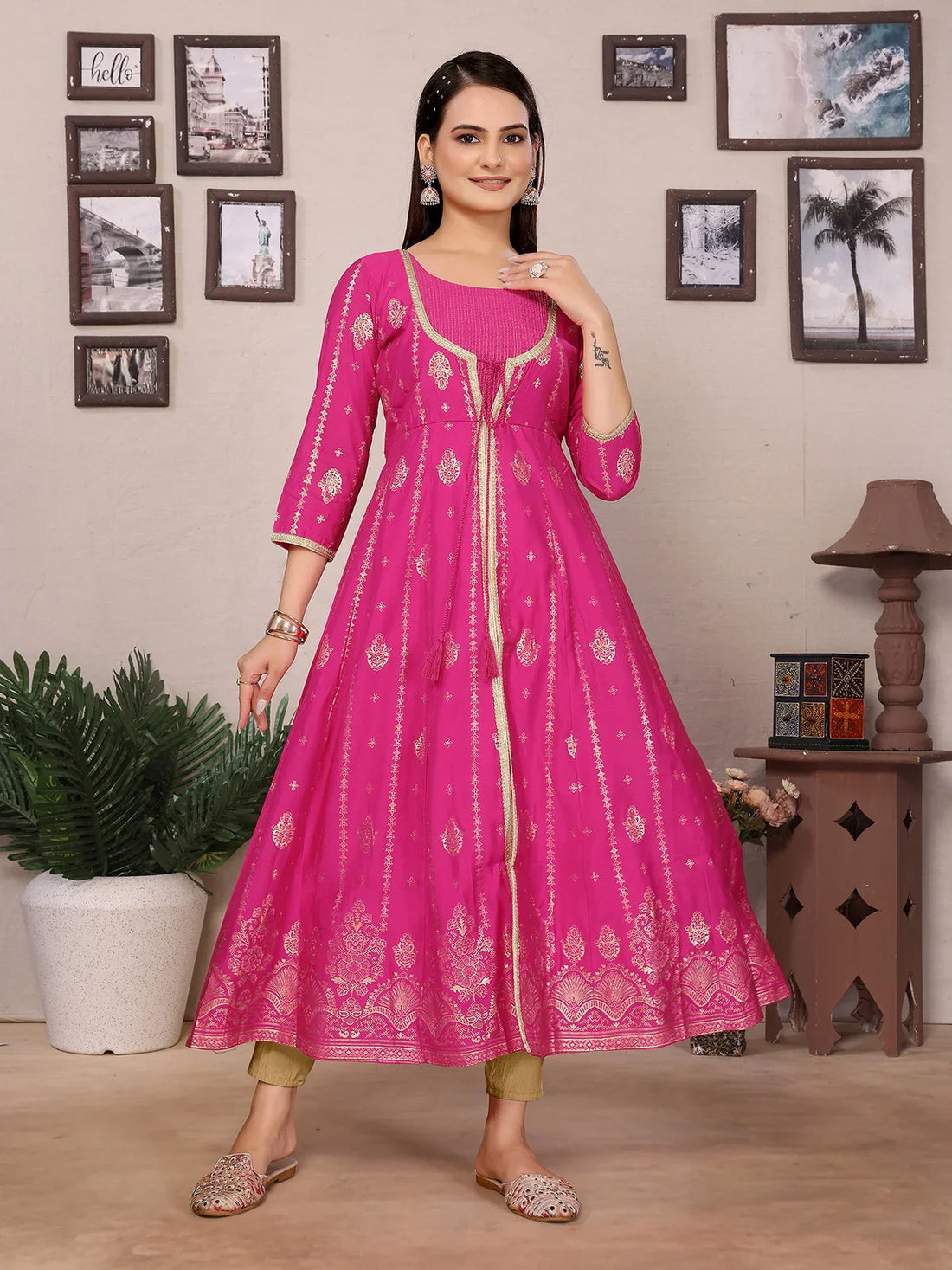 Buy Viscose Poly Printed Anarkali Calf Length Kurta-Pink