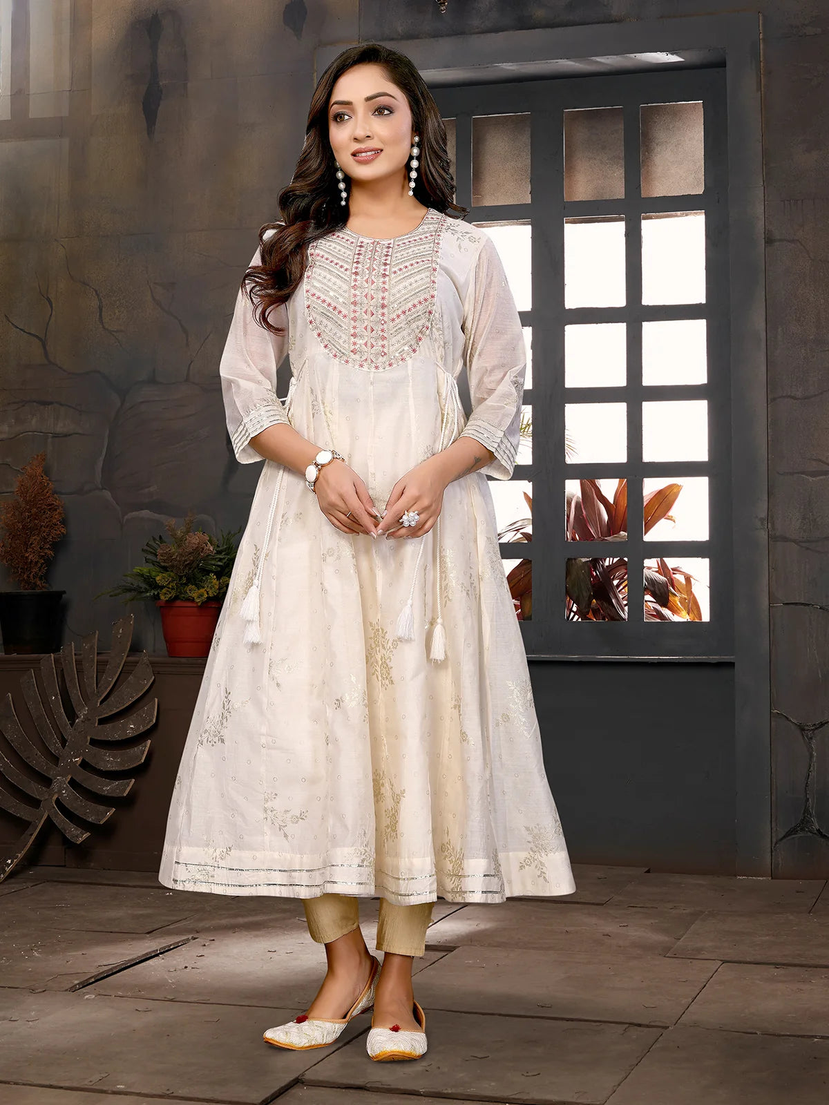 Buy Chanderi Embroidered Anarkali Calf Length Kurta with Dori on Waist-Off White