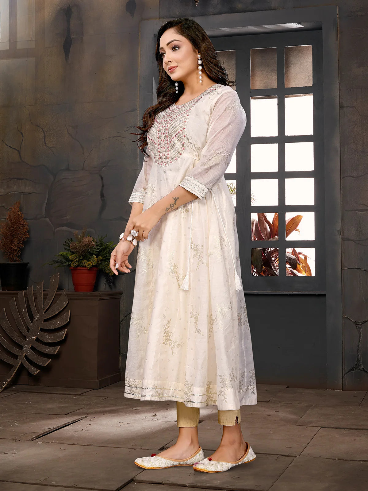Buy Chanderi Embroidered Anarkali Calf Length Kurta with Dori on Waist-Off White