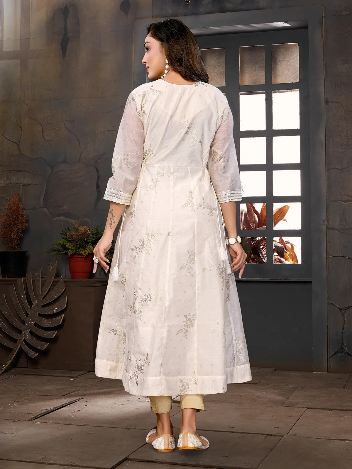 Buy Chanderi Embroidered Anarkali Calf Length Kurta with Dori on Waist-Off White