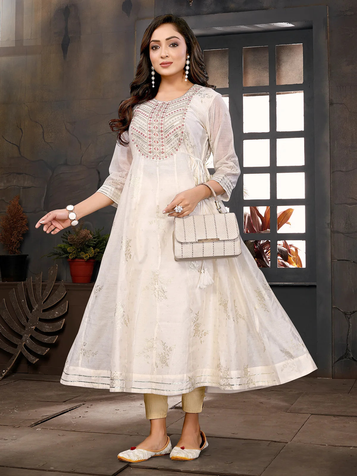Buy Chanderi Embroidered Anarkali Calf Length Kurta with Dori on Waist-Off White