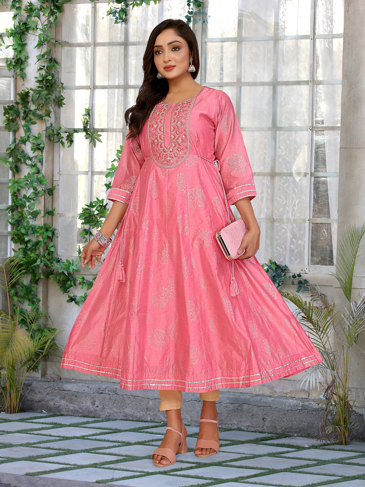 Buy Chanderi Embroidered Anarkali Calf Length Kurta-Pink
