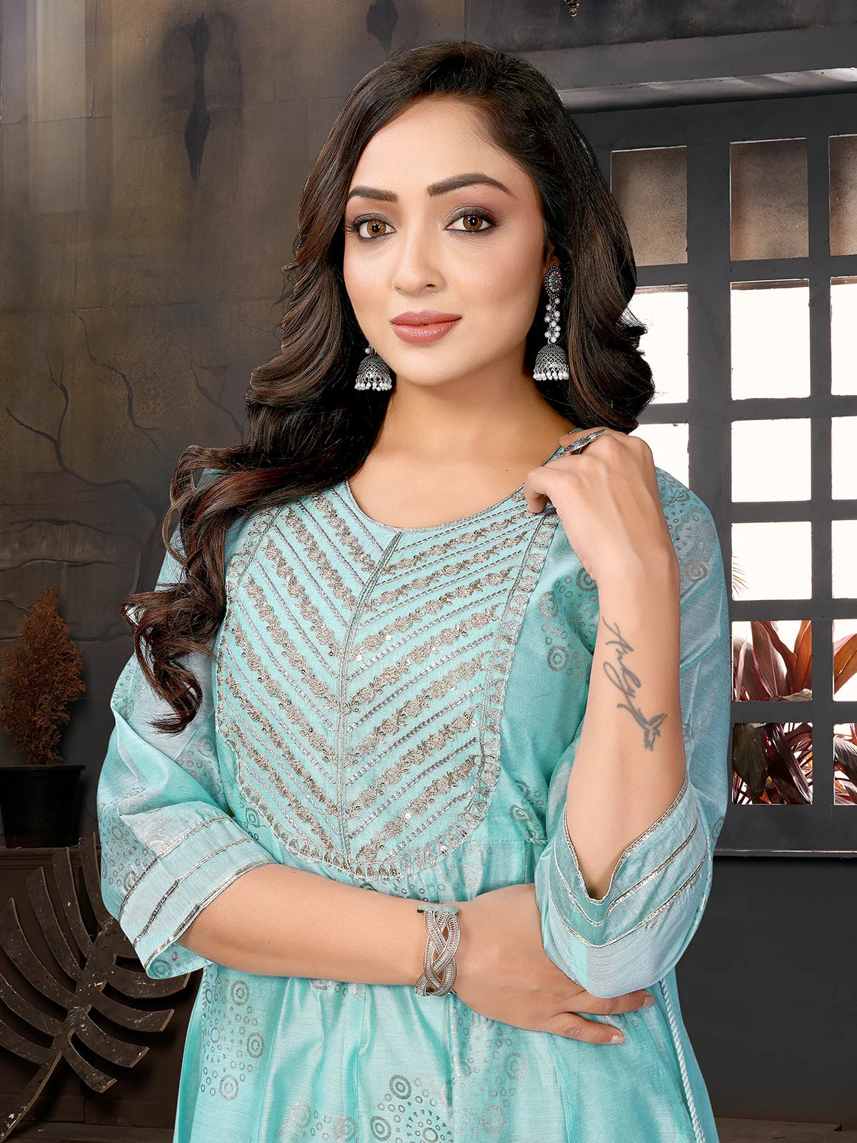 Buy Chanderi Embroidered Anarkali Calf Length Kurta with Dori on Waist-Light Blue