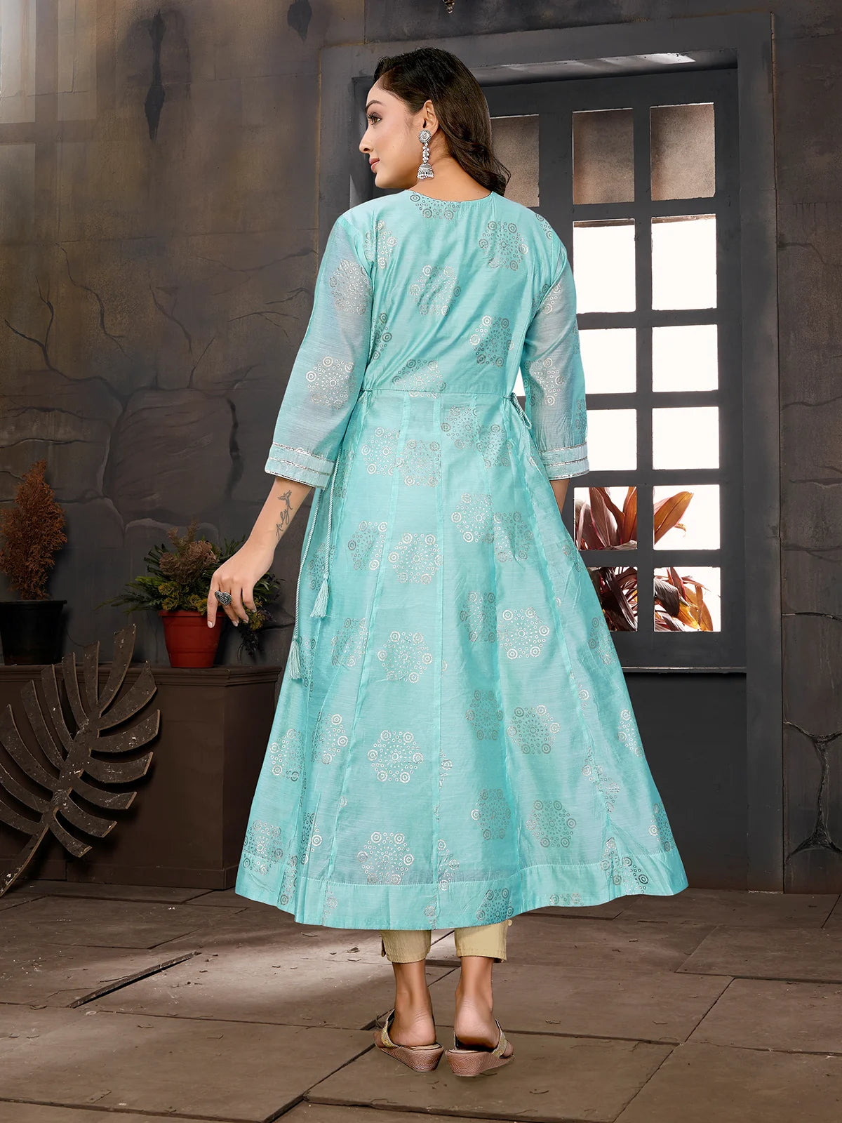 Buy Chanderi Embroidered Anarkali Calf Length Kurta with Dori on Waist-Light Blue