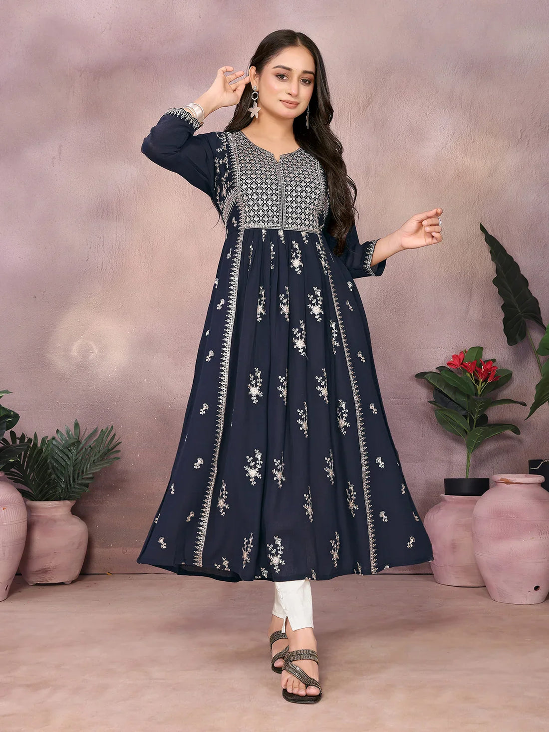 Buy Viscose Poly Embroidered Flared Calf Length Kurta-Black