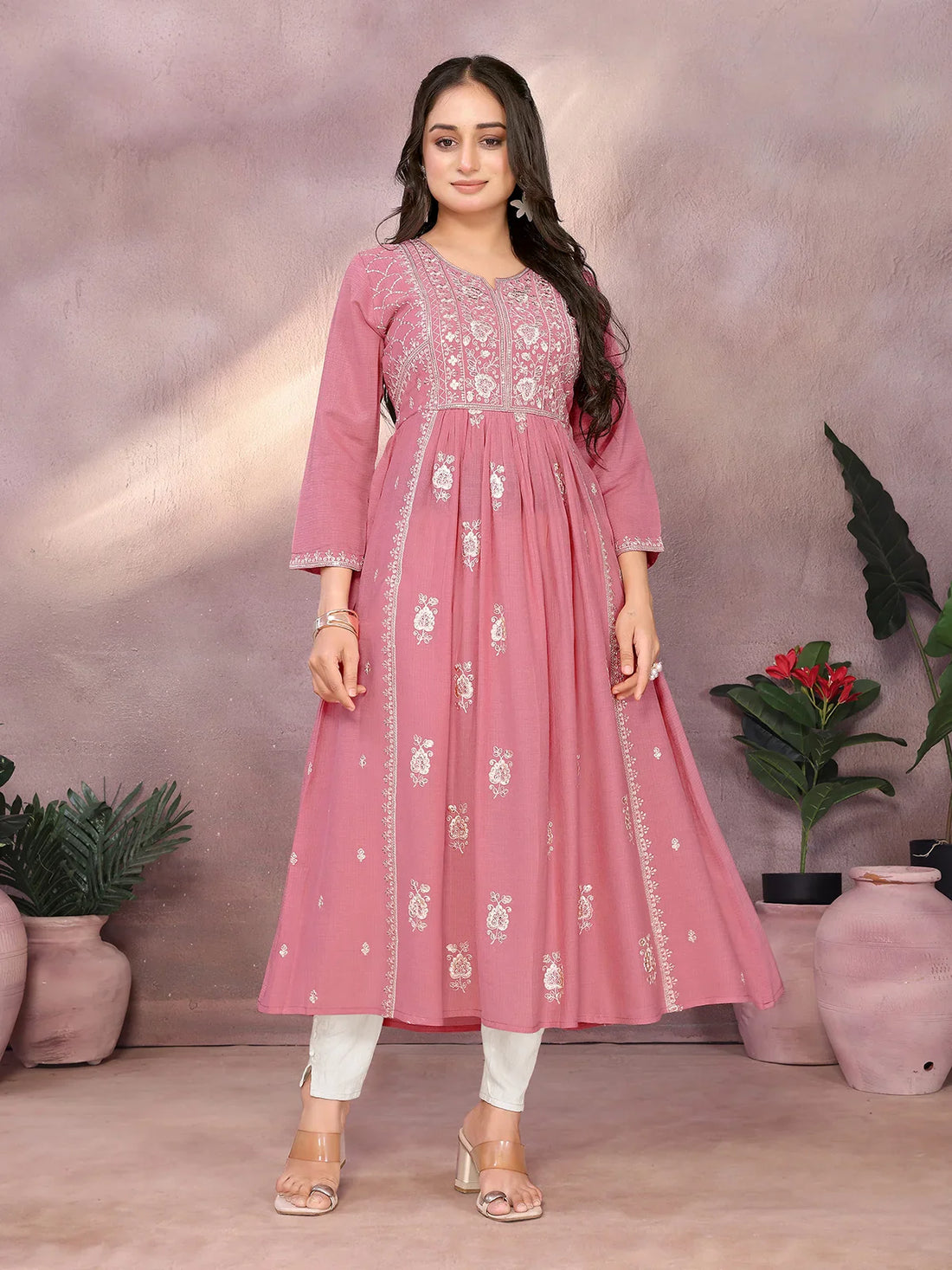Buy Viscose Poly Embroidered Flared Calf Length Kurta-Coral