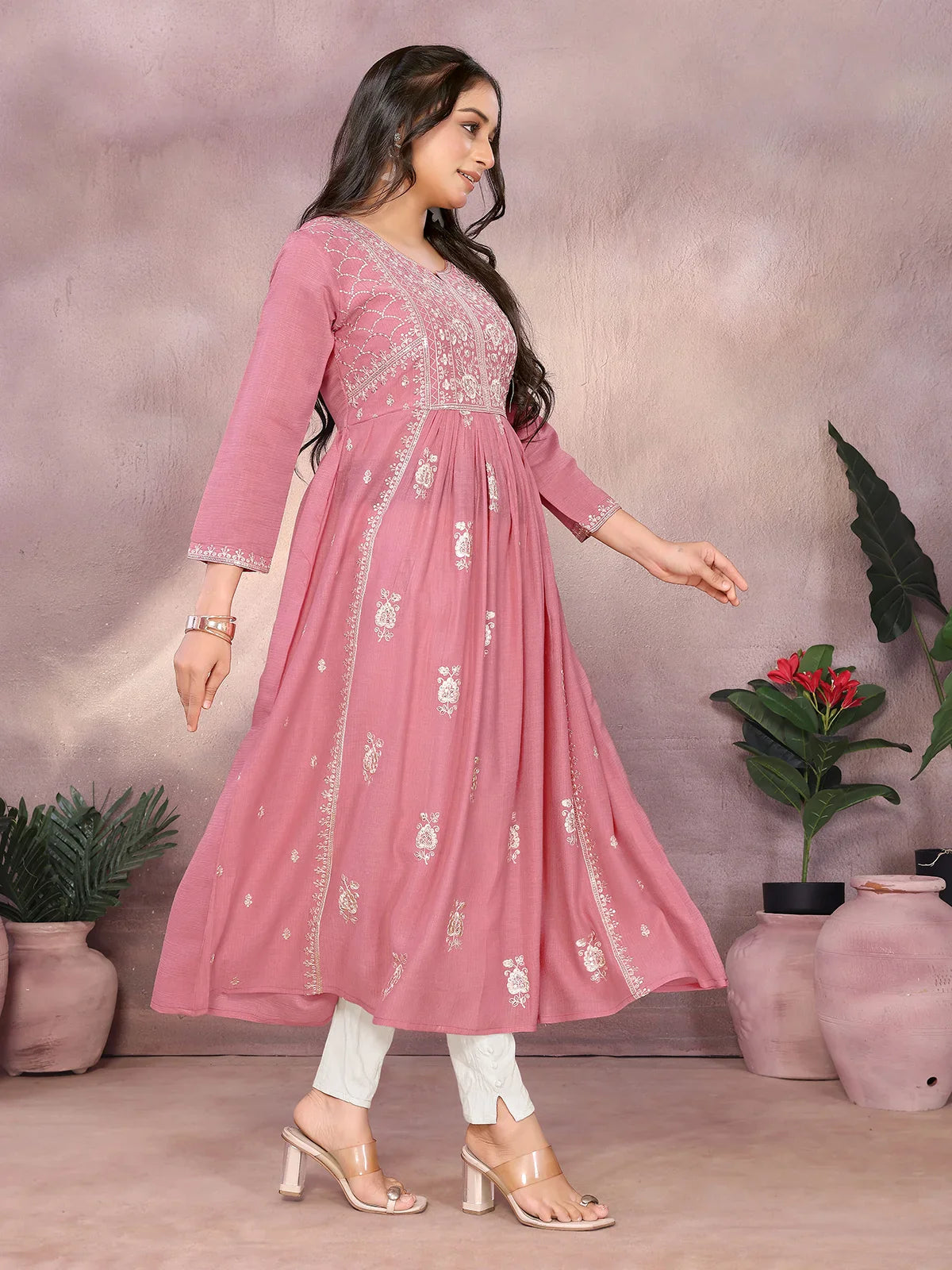 Buy Viscose Poly Embroidered Flared Calf Length Kurta-Coral