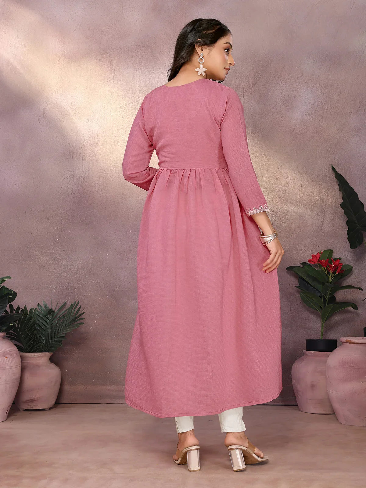 Buy Viscose Poly Embroidered Flared Calf Length Kurta-Coral