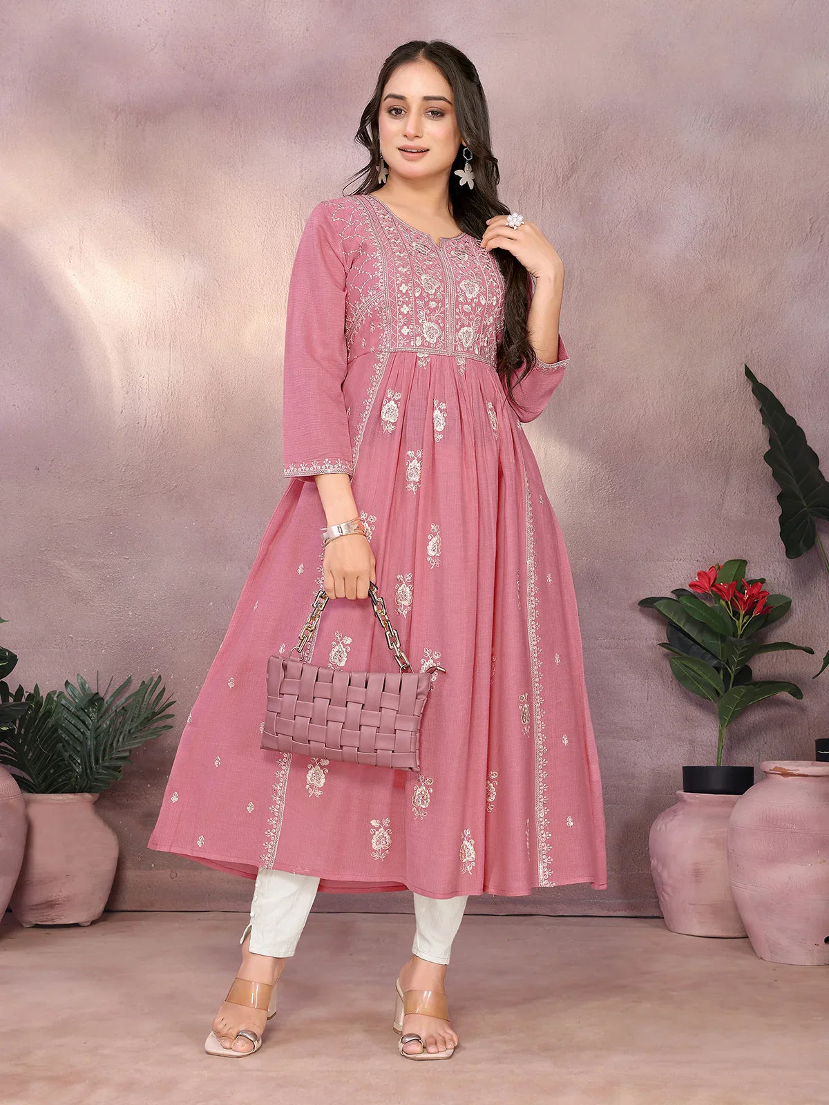Buy Viscose Poly Embroidered Flared Calf Length Kurta-Coral