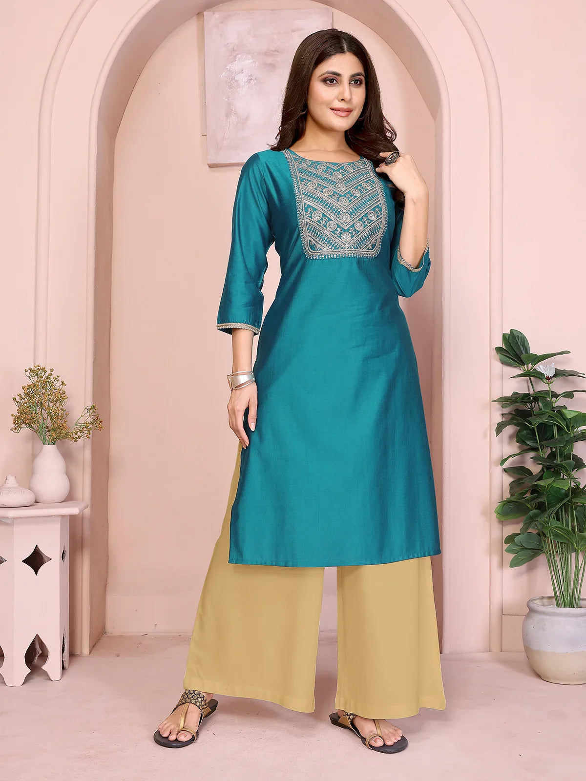 Buy Viscose Poly Embroidered Straight Calf Length Kurta-Green