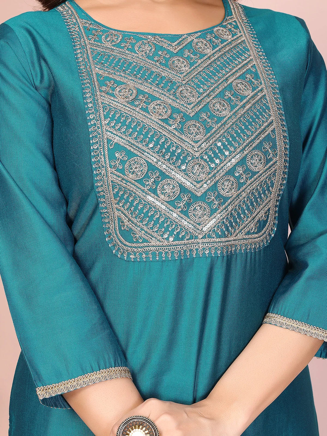 Buy Viscose Poly Embroidered Straight Calf Length Kurta-Green