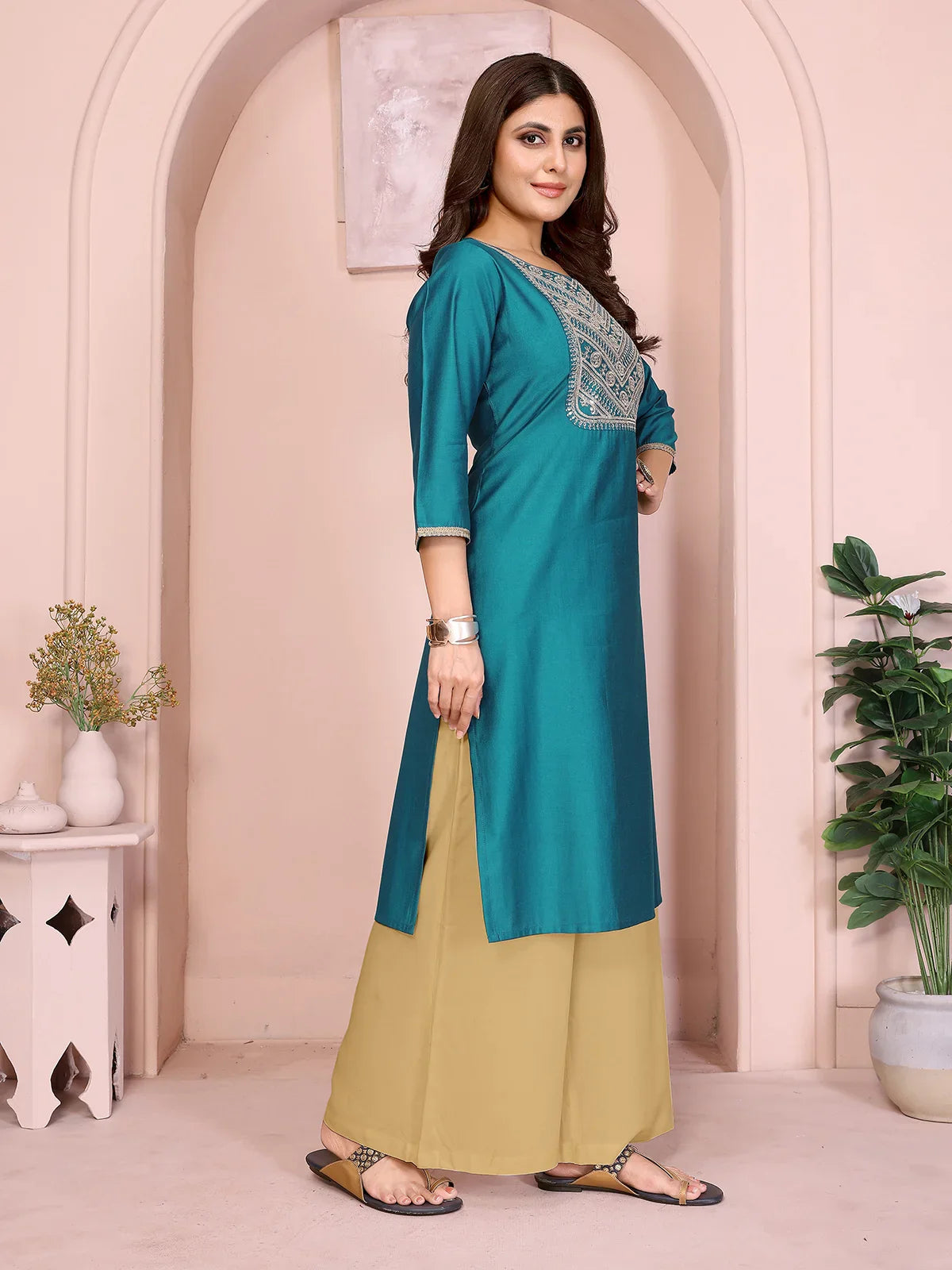 Buy Viscose Poly Embroidered Straight Calf Length Kurta-Green
