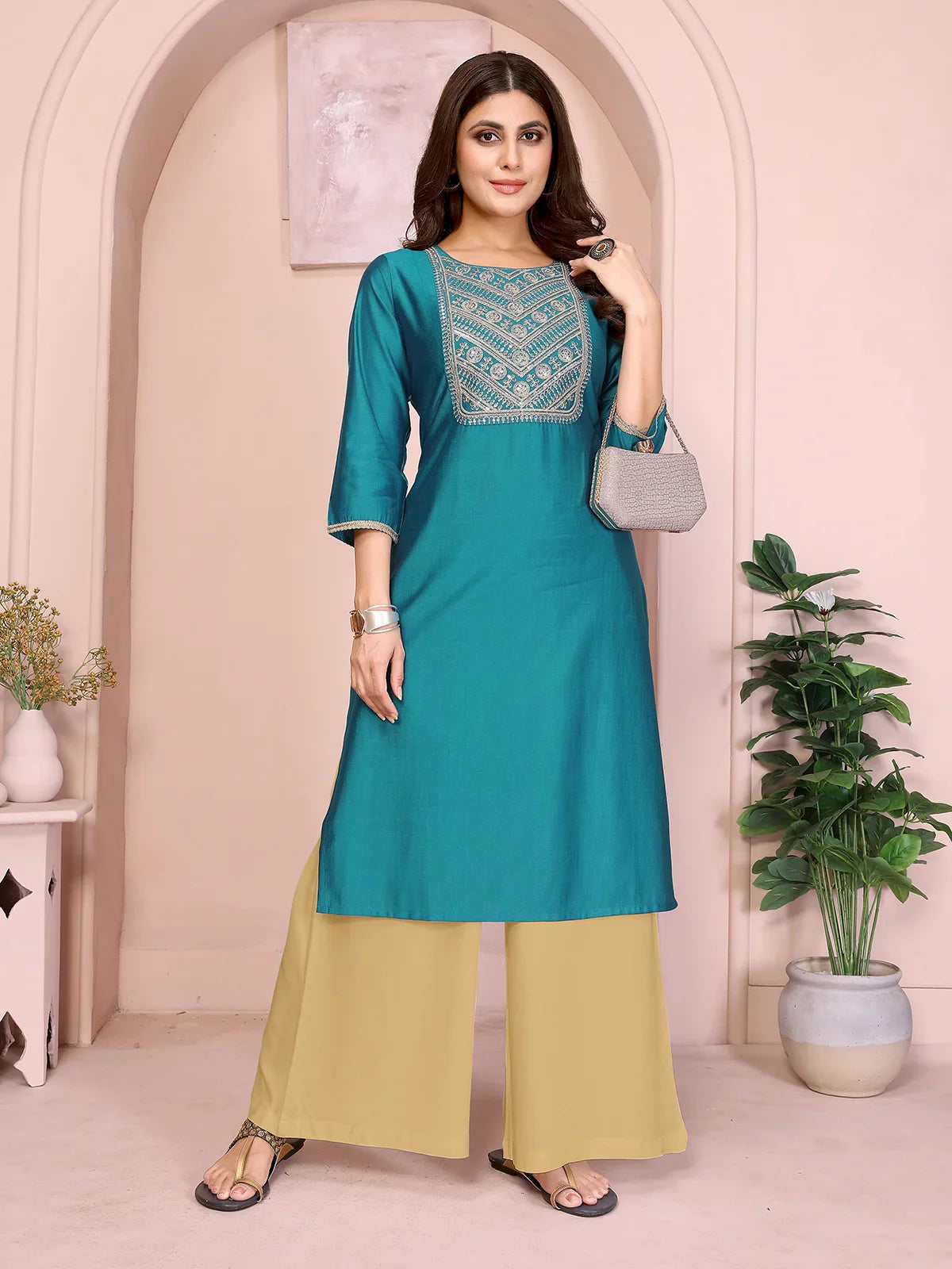 Buy Viscose Poly Embroidered Straight Calf Length Kurta-Green