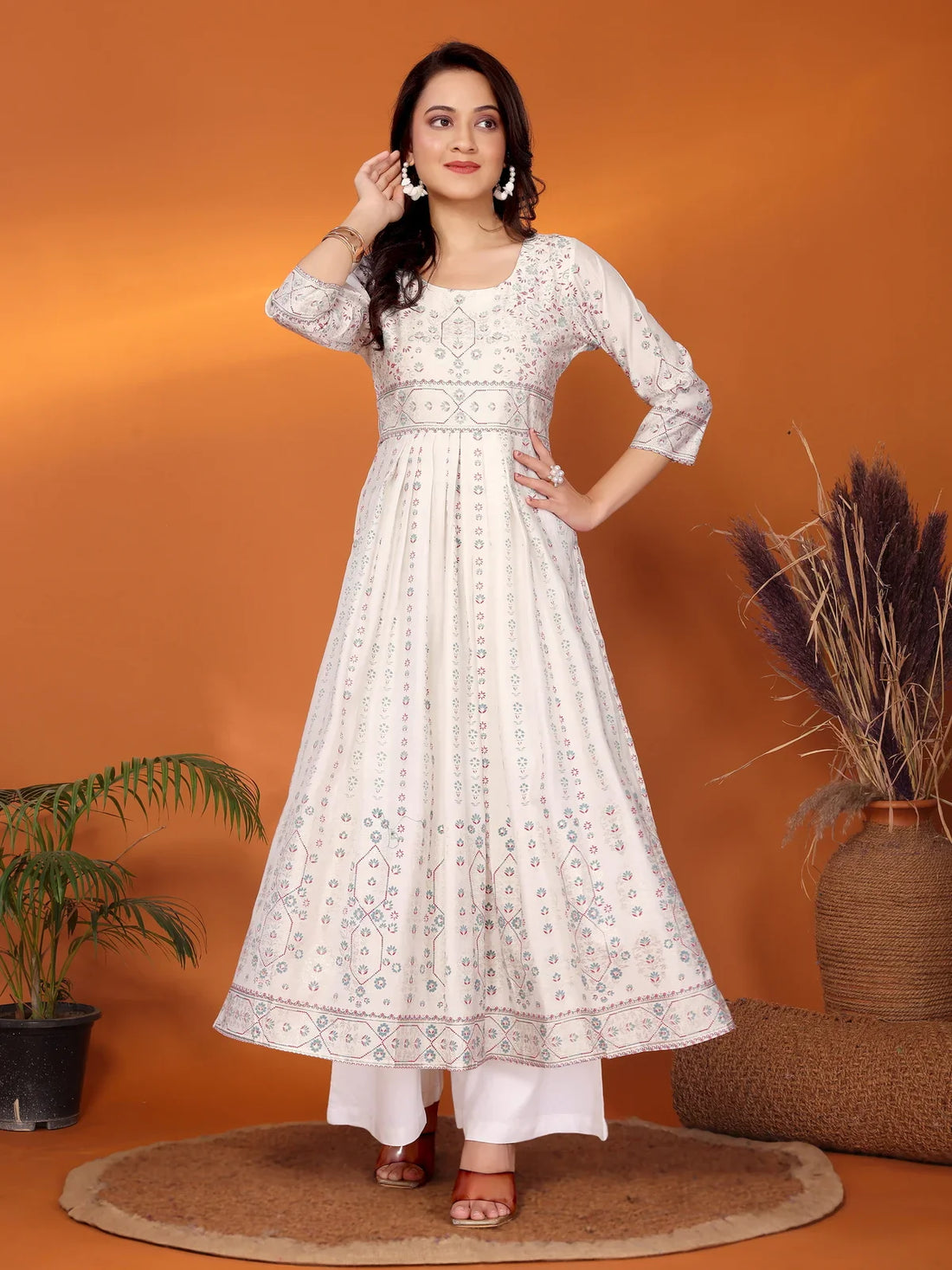 Buy Viscose Blend Printed Calf Length Nayra Style Kurta-Off White