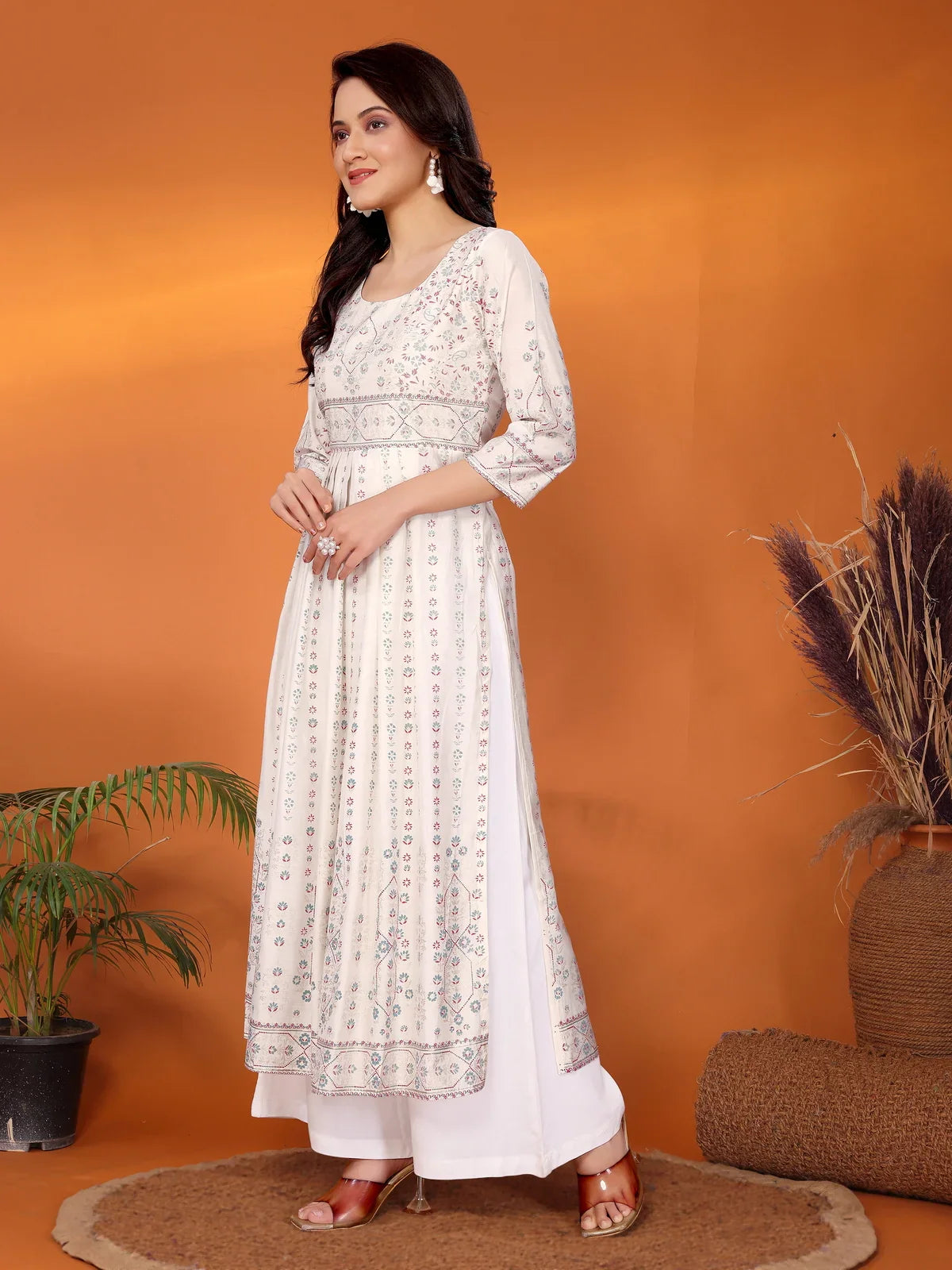 Buy Viscose Blend Printed Calf Length Nayra Style Kurta-Off White