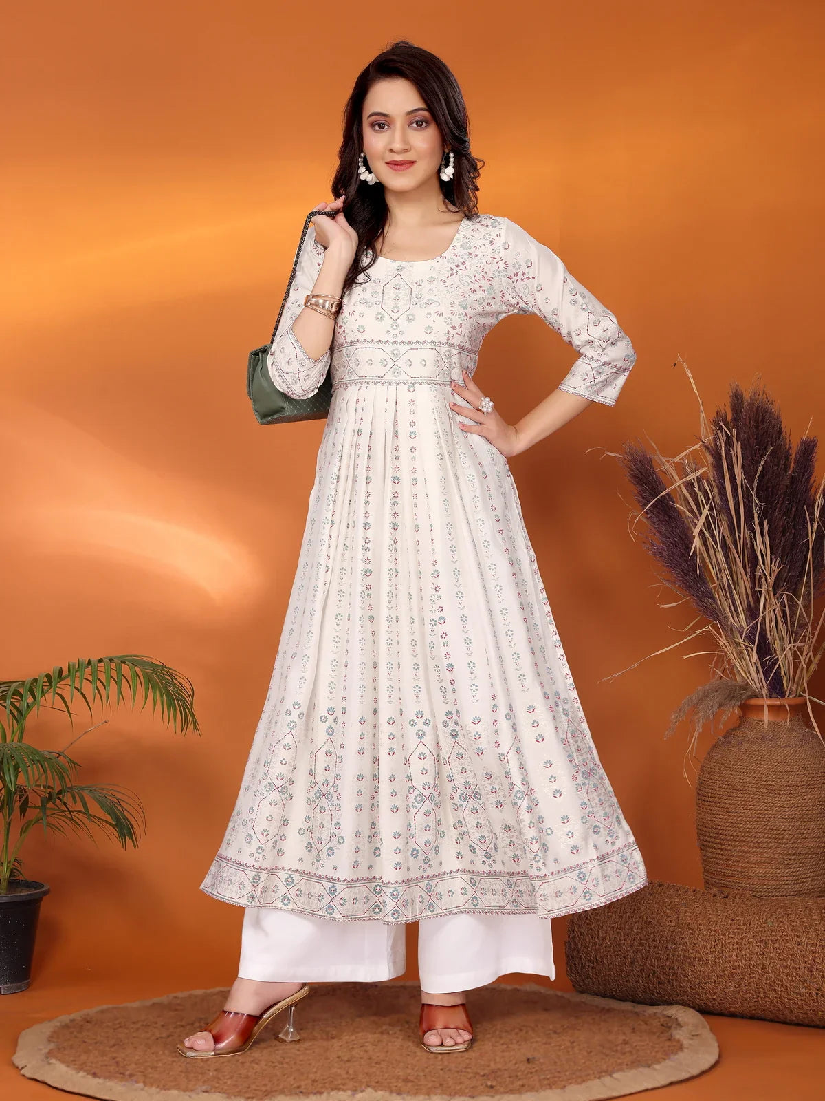 Buy Viscose Blend Printed Calf Length Nayra Style Kurta-Off White