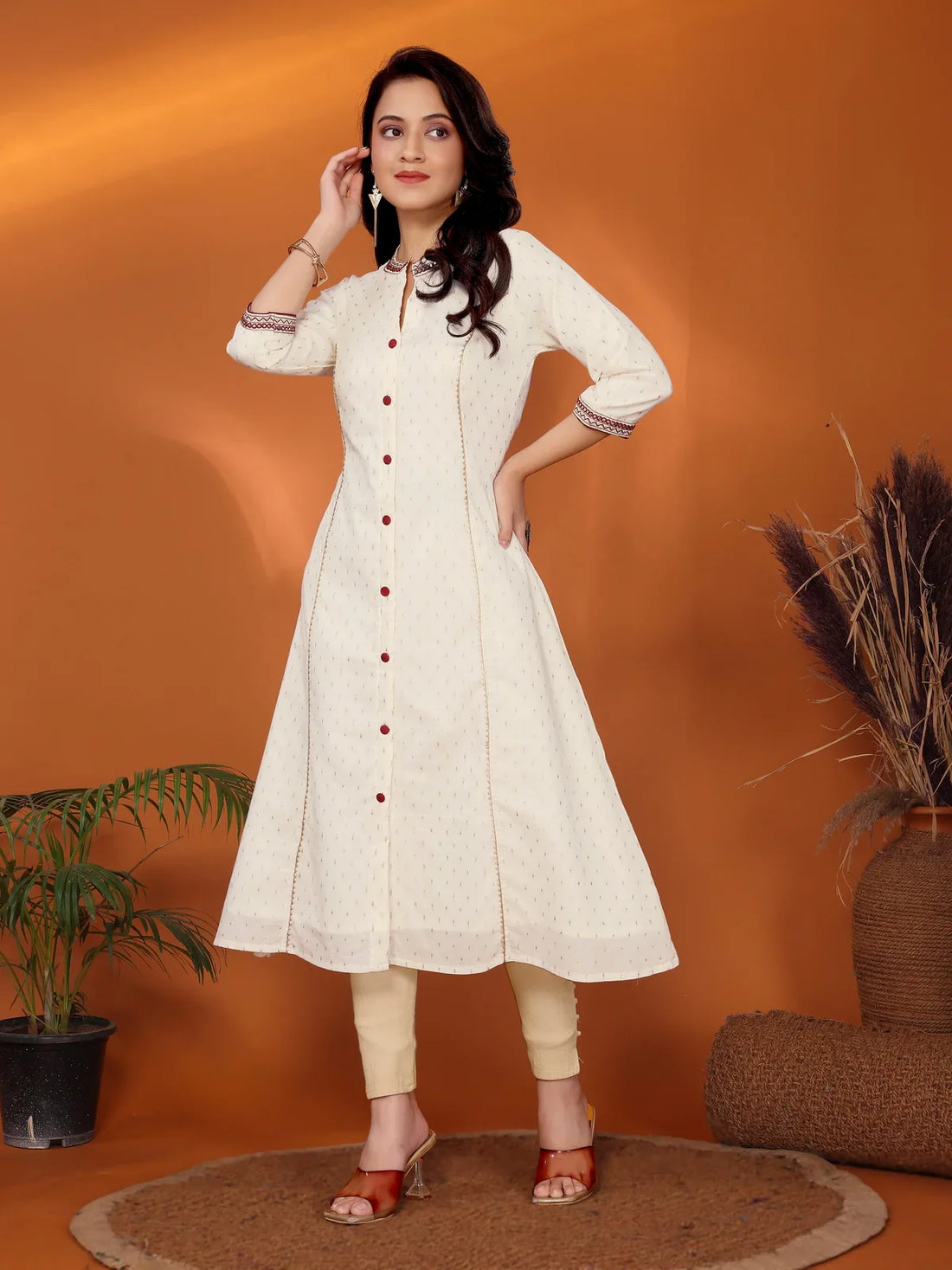 Buy Cotton Embroidered Calf Length A-Line Kurta-Off White