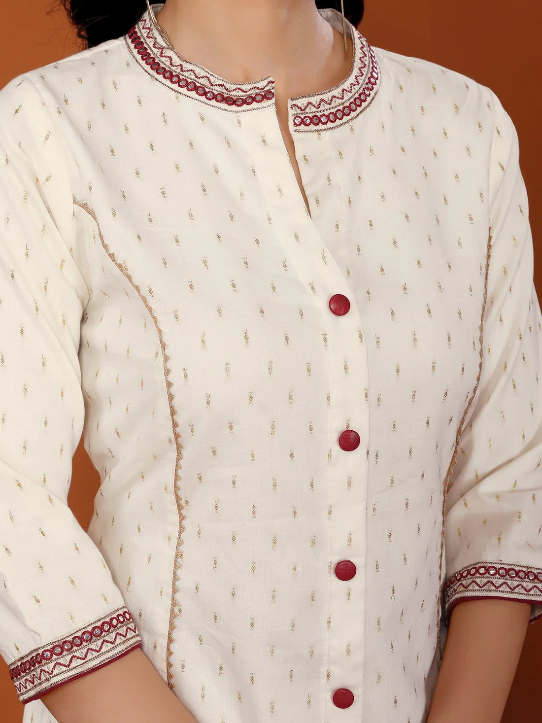 Buy Cotton Embroidered Calf Length A-Line Kurta-Off White