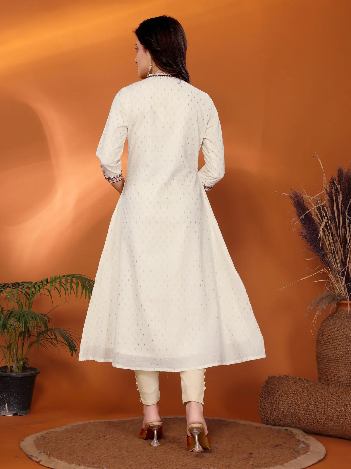 Buy Cotton Embroidered Calf Length A-Line Kurta-Off White