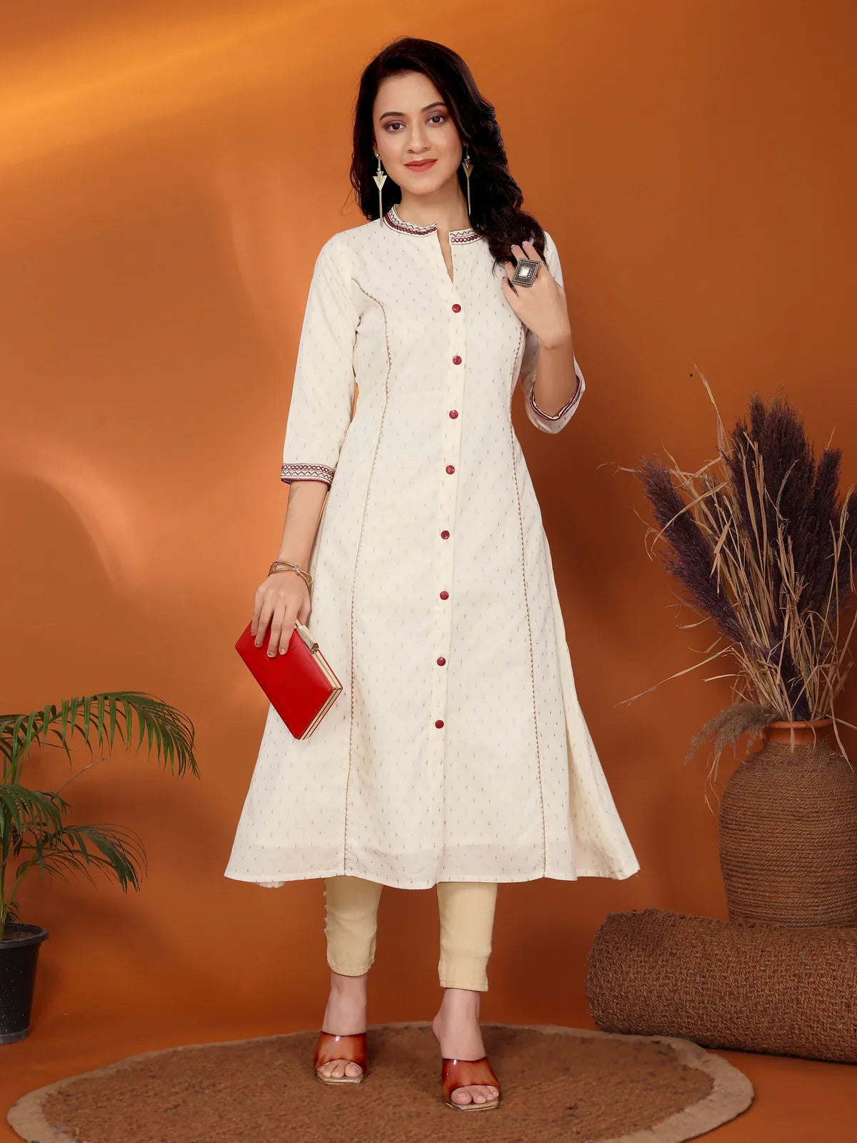 Buy Cotton Embroidered Calf Length A-Line Kurta-Off White