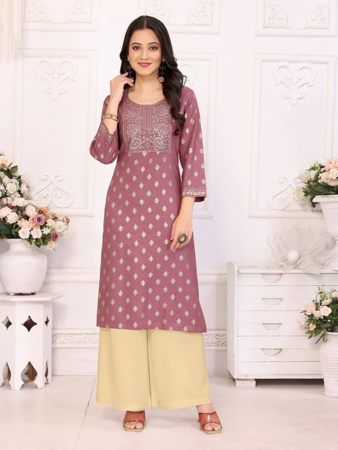 Buy Rayon Embroidered Calf Length Straight Kurta-Mauve