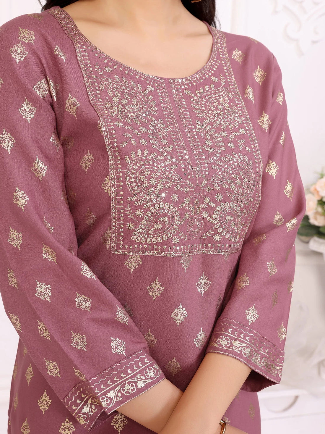 Buy Rayon Embroidered Calf Length Straight Kurta-Mauve