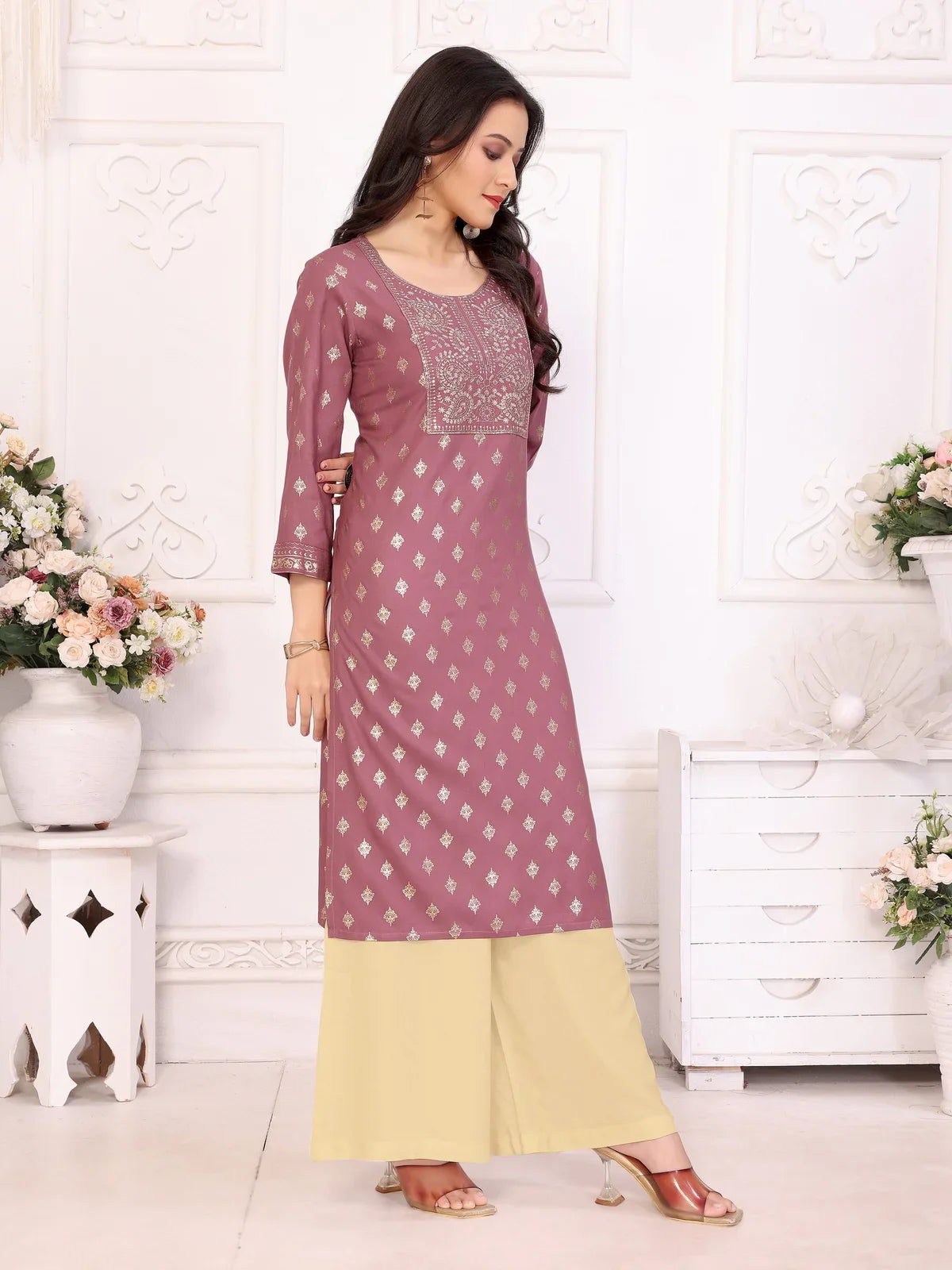 Buy Rayon Embroidered Calf Length Straight Kurta-Mauve