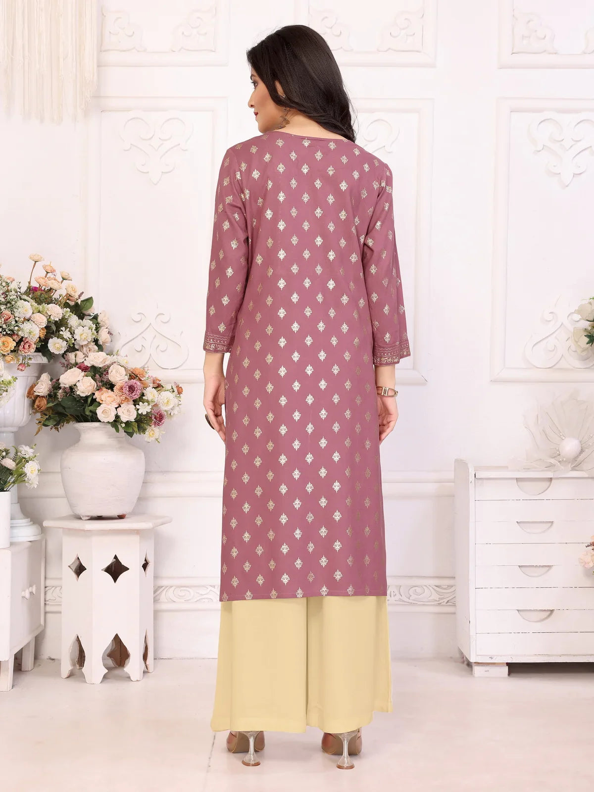 Buy Rayon Embroidered Calf Length Straight Kurta-Mauve