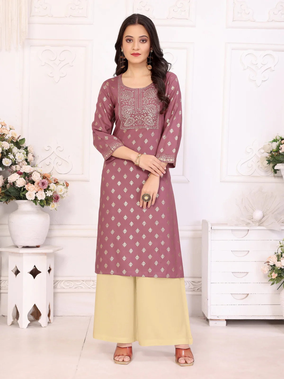 Buy Rayon Embroidered Calf Length Straight Kurta-Mauve