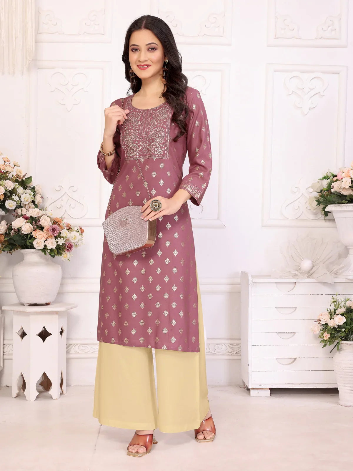 Buy Rayon Embroidered Calf Length Straight Kurta-Mauve