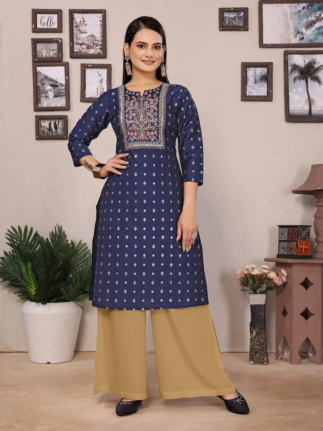 Buy Polyester Embroidered Straight Knee Length Kurta-Navy Blue