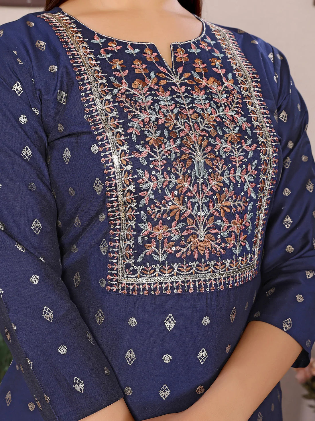 Buy Polyester Embroidered Straight Knee Length Kurta-Navy Blue