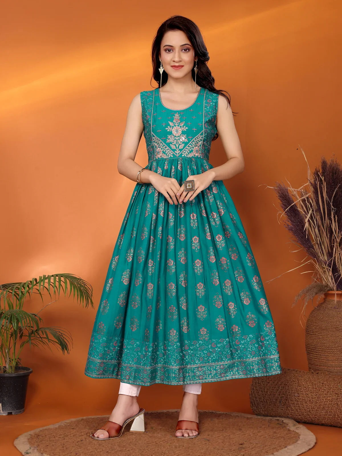 Buy Viscose Blend Embroidered Calf Length Anarkali Kurta-Green