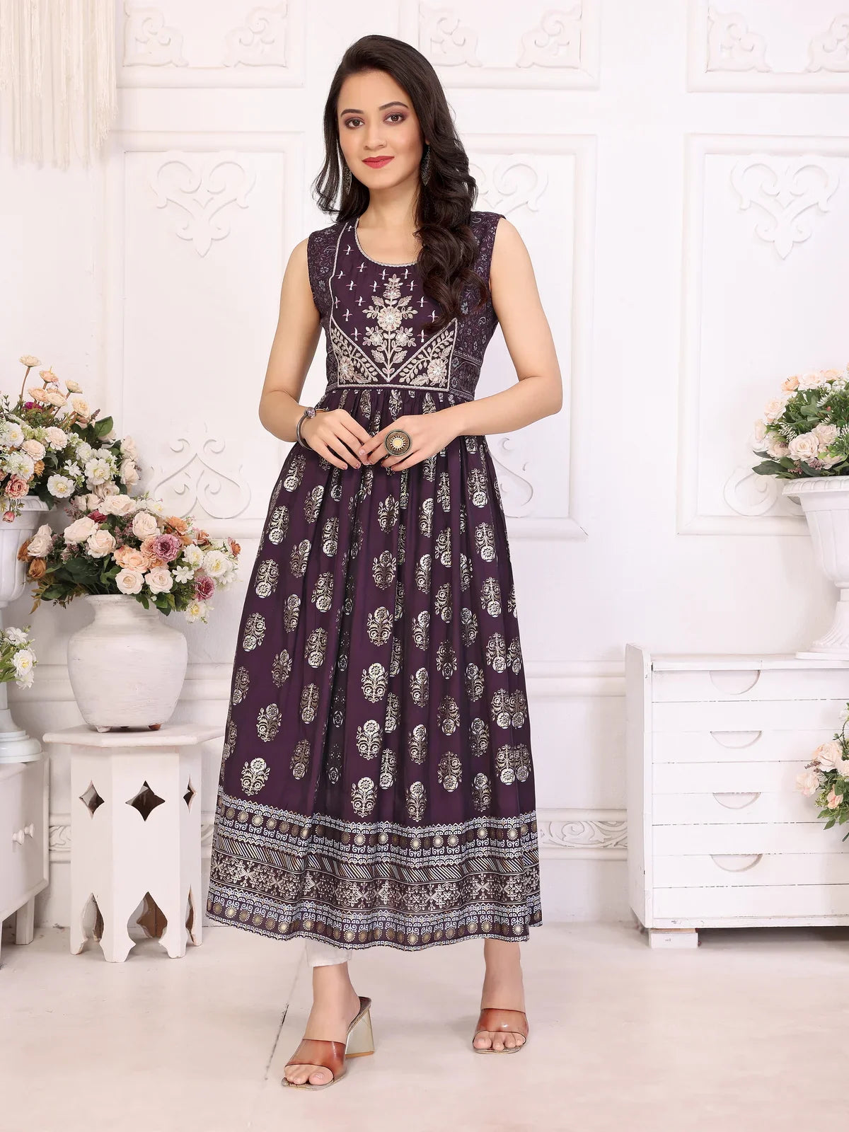 Buy Viscose Blend Embroidered Calf Length Anarkali Kurta-Wine