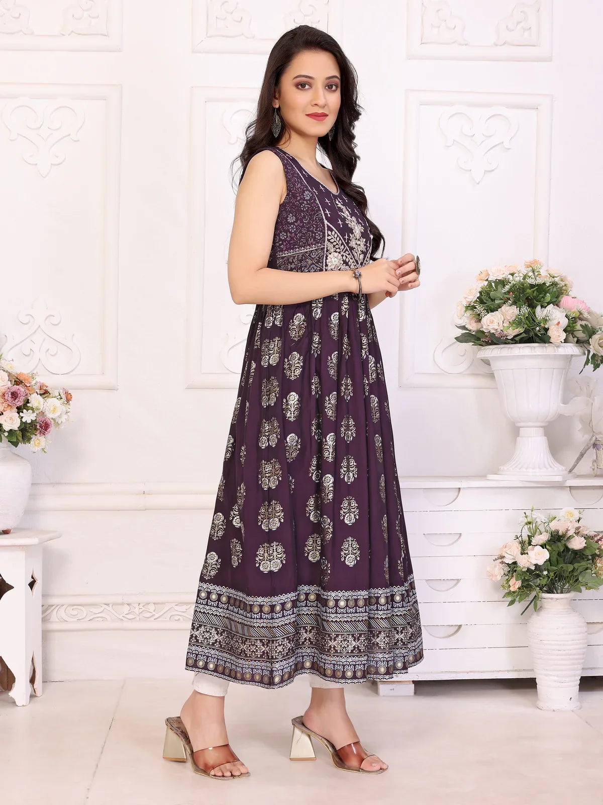 Buy Viscose Blend Embroidered Calf Length Anarkali Kurta-Wine