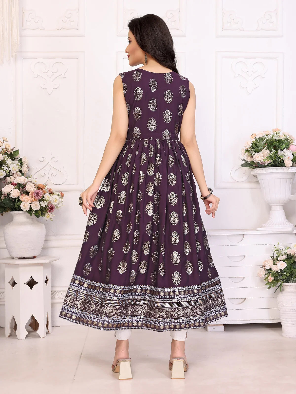 Buy Viscose Blend Embroidered Calf Length Anarkali Kurta-Wine