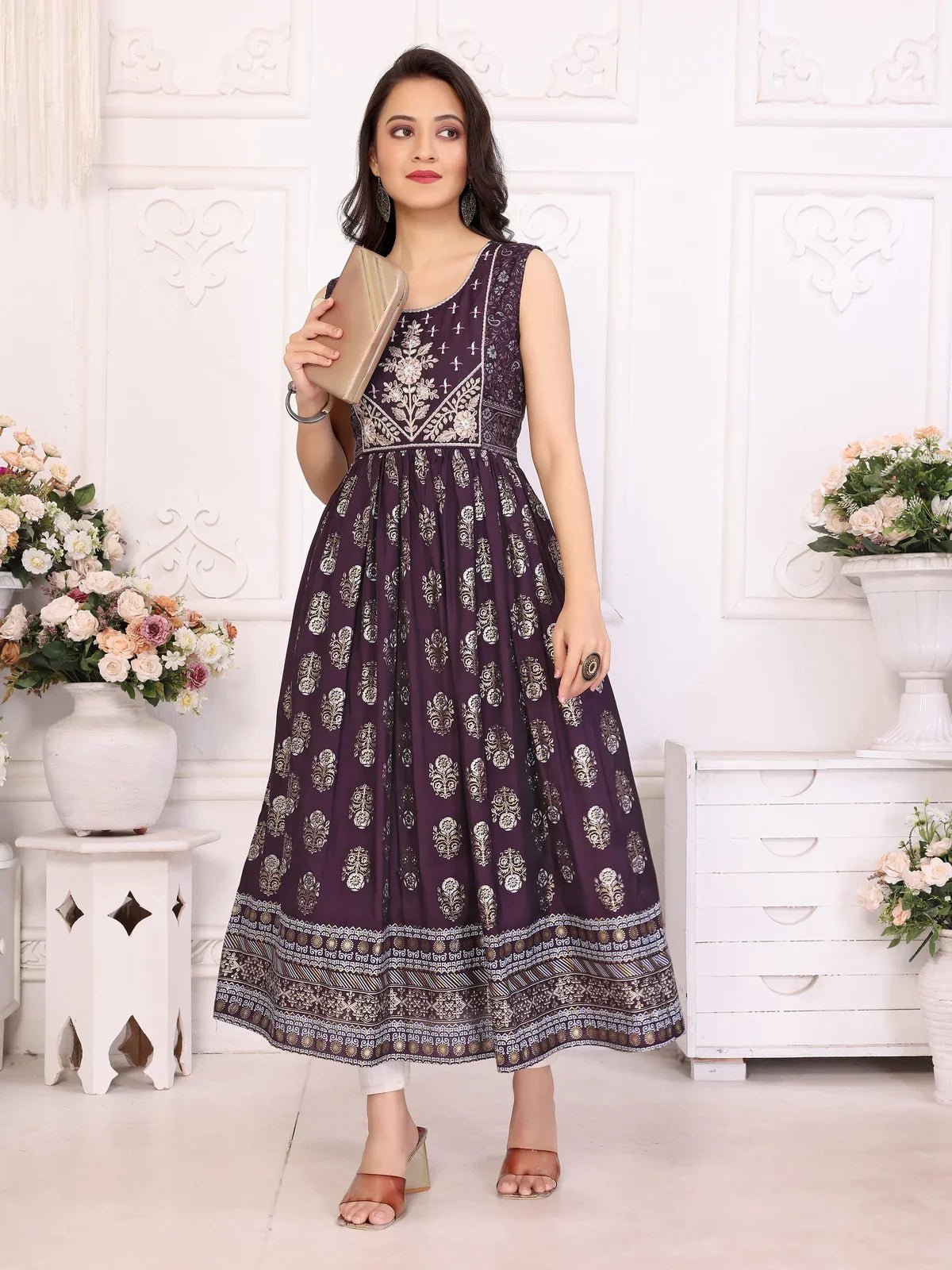 Buy Viscose Blend Embroidered Calf Length Anarkali Kurta-Wine