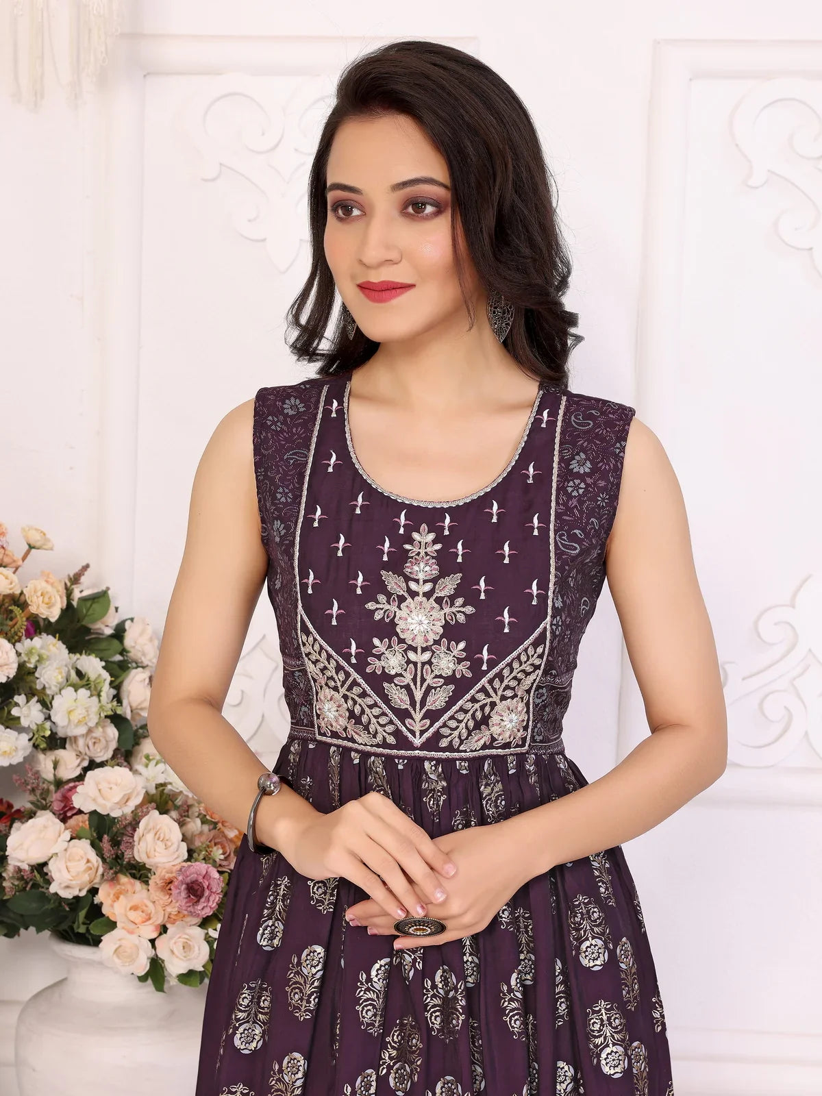 Buy Viscose Blend Embroidered Calf Length Anarkali Kurta-Wine