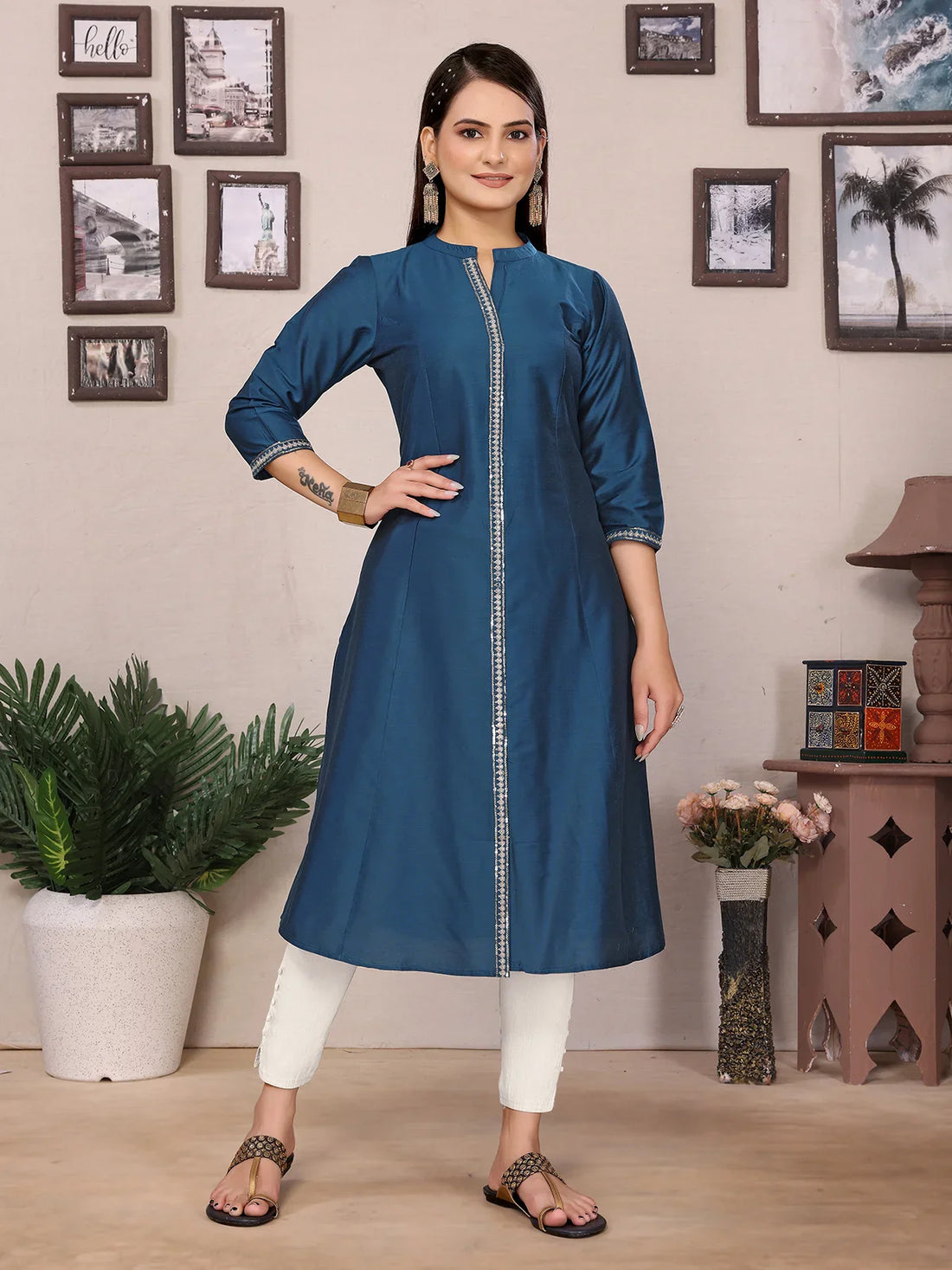 Buy Polyester Embroidered A-line Calf Length Kurta-Navy Blue