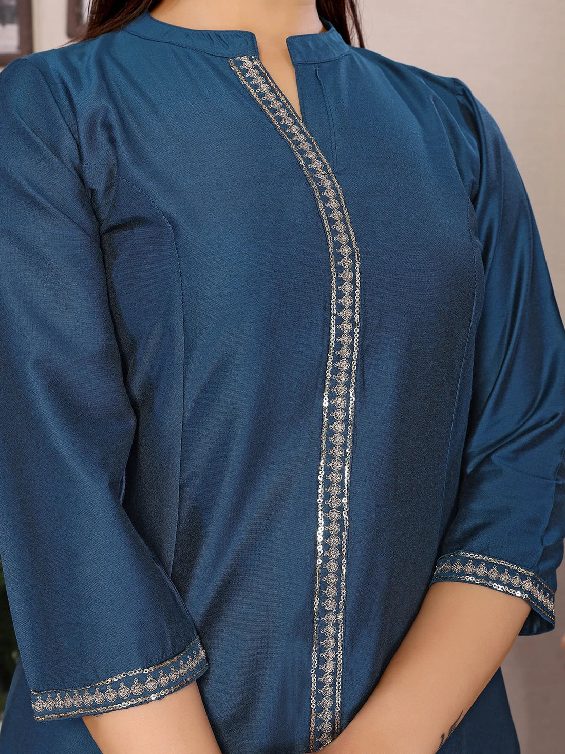 Buy Polyester Embroidered A-line Calf Length Kurta-Navy Blue