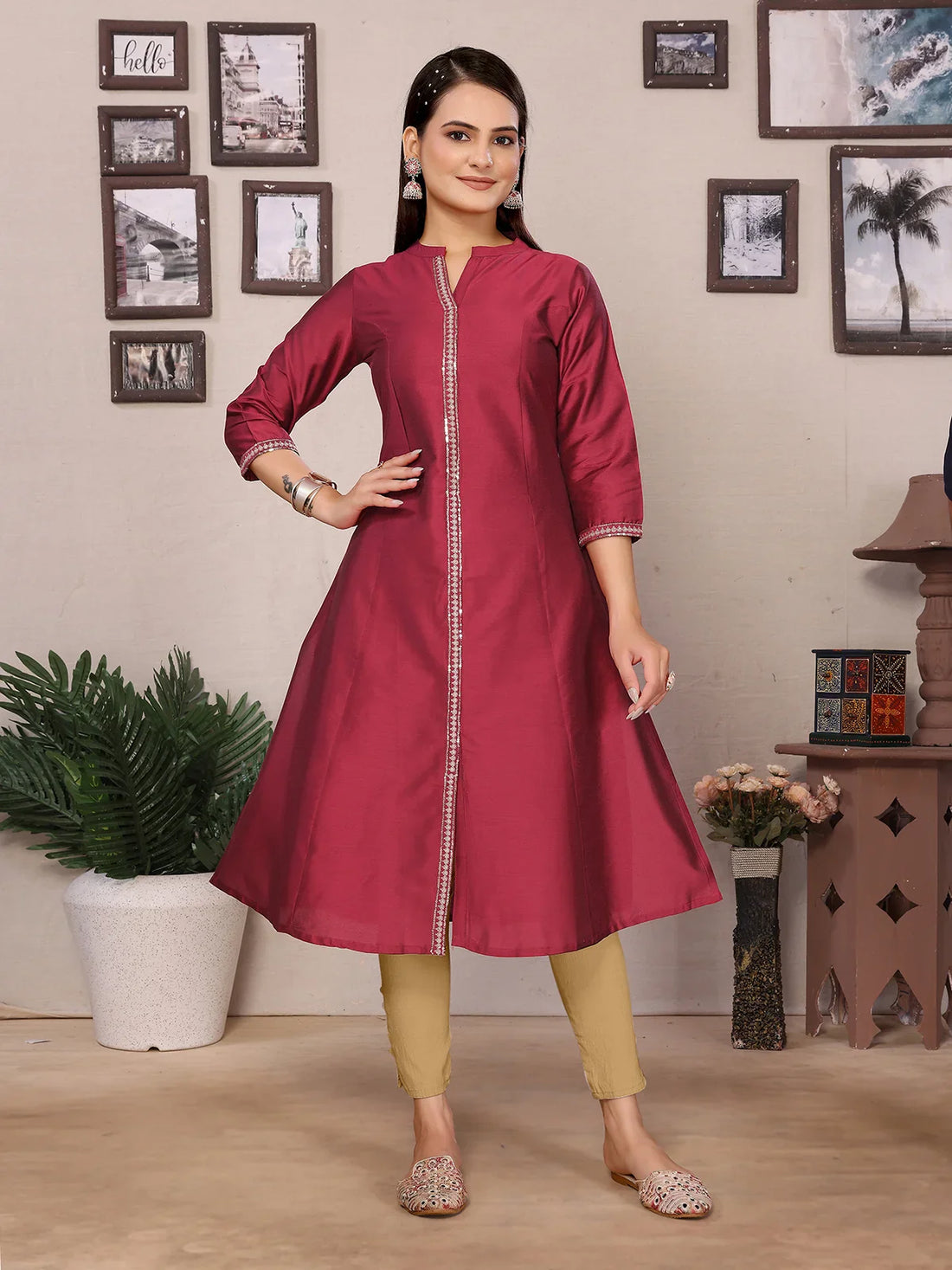Buy Polyester Embroidered A-line Calf Length Kurta-Pink