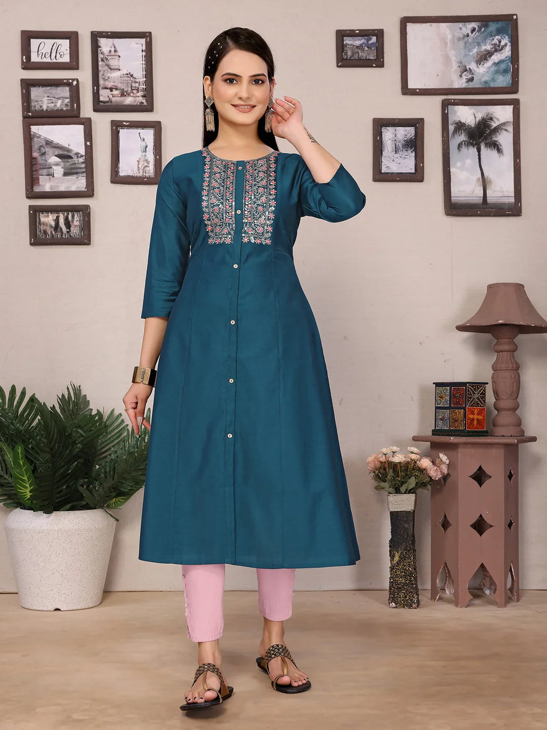 Buy Viscose Poly Embroidered A-line Calf Length Kurta-Teal