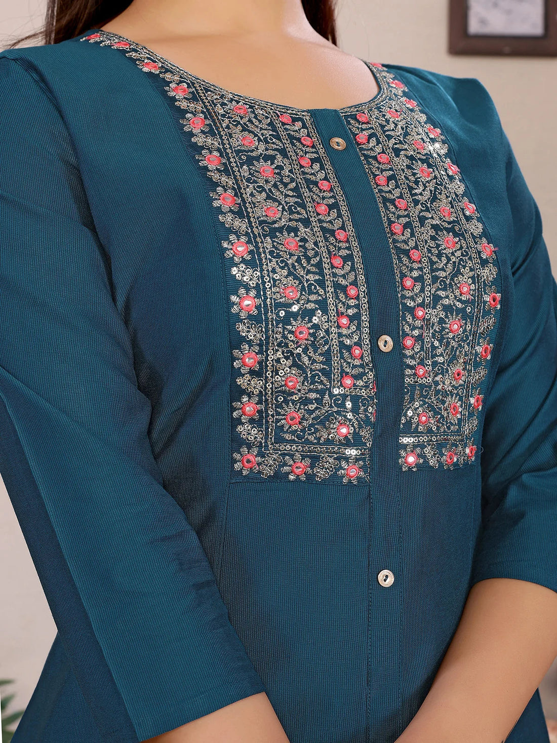 Buy Viscose Poly Embroidered A-line Calf Length Kurta-Teal