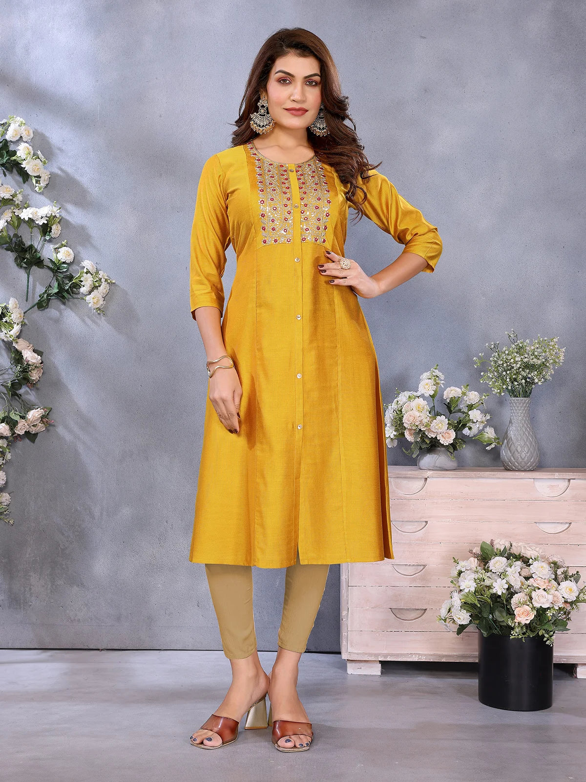 Buy Viscose Poly Embroidered A-Line Calf Length Kurta-Mustard