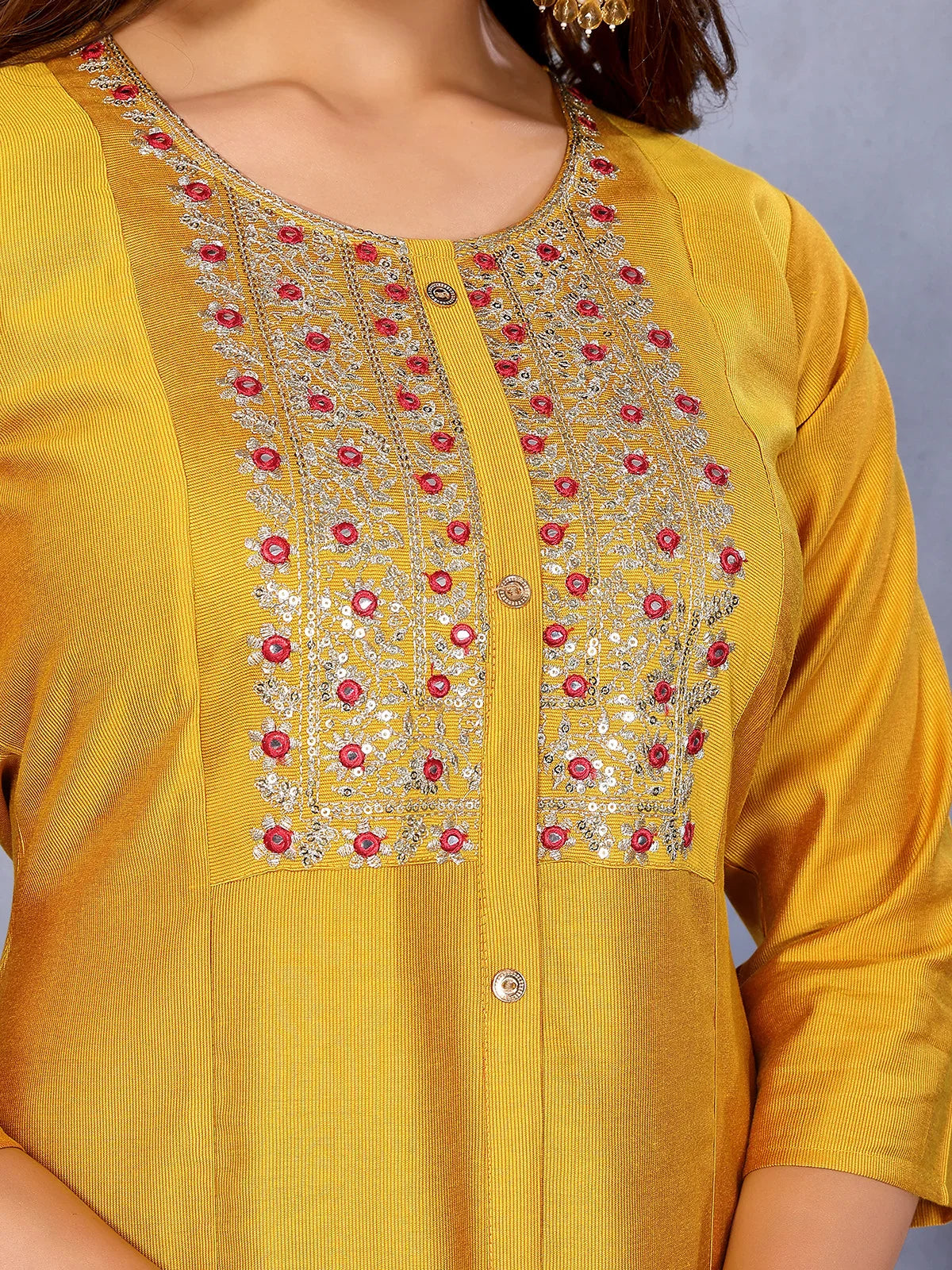 Buy Viscose Poly Embroidered A-Line Calf Length Kurta-Mustard