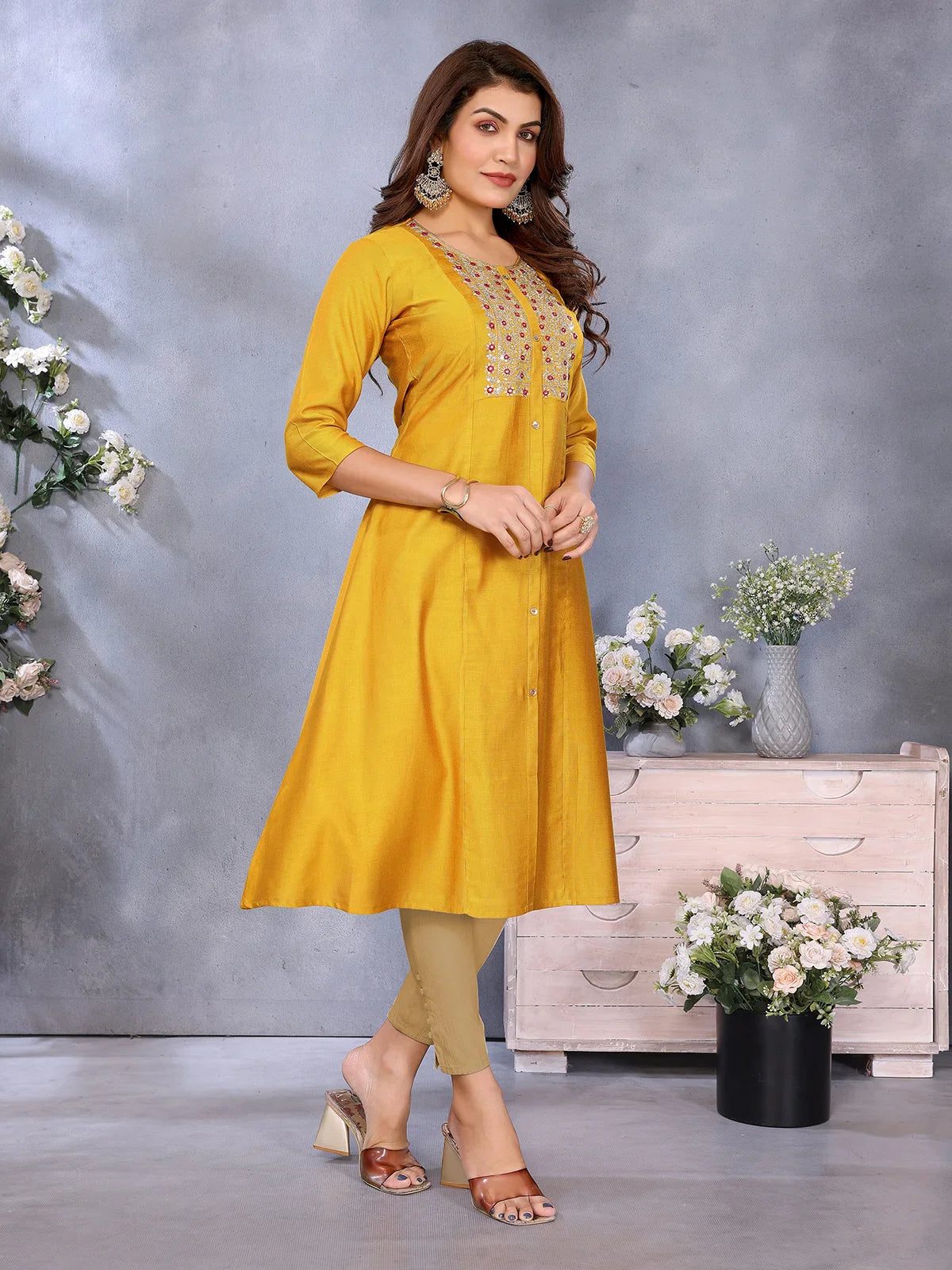 Buy Viscose Poly Embroidered A-Line Calf Length Kurta-Mustard