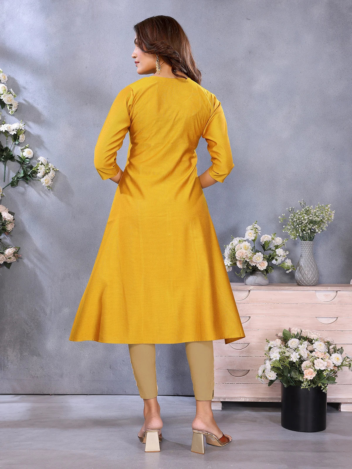 Buy Viscose Poly Embroidered A-Line Calf Length Kurta-Mustard
