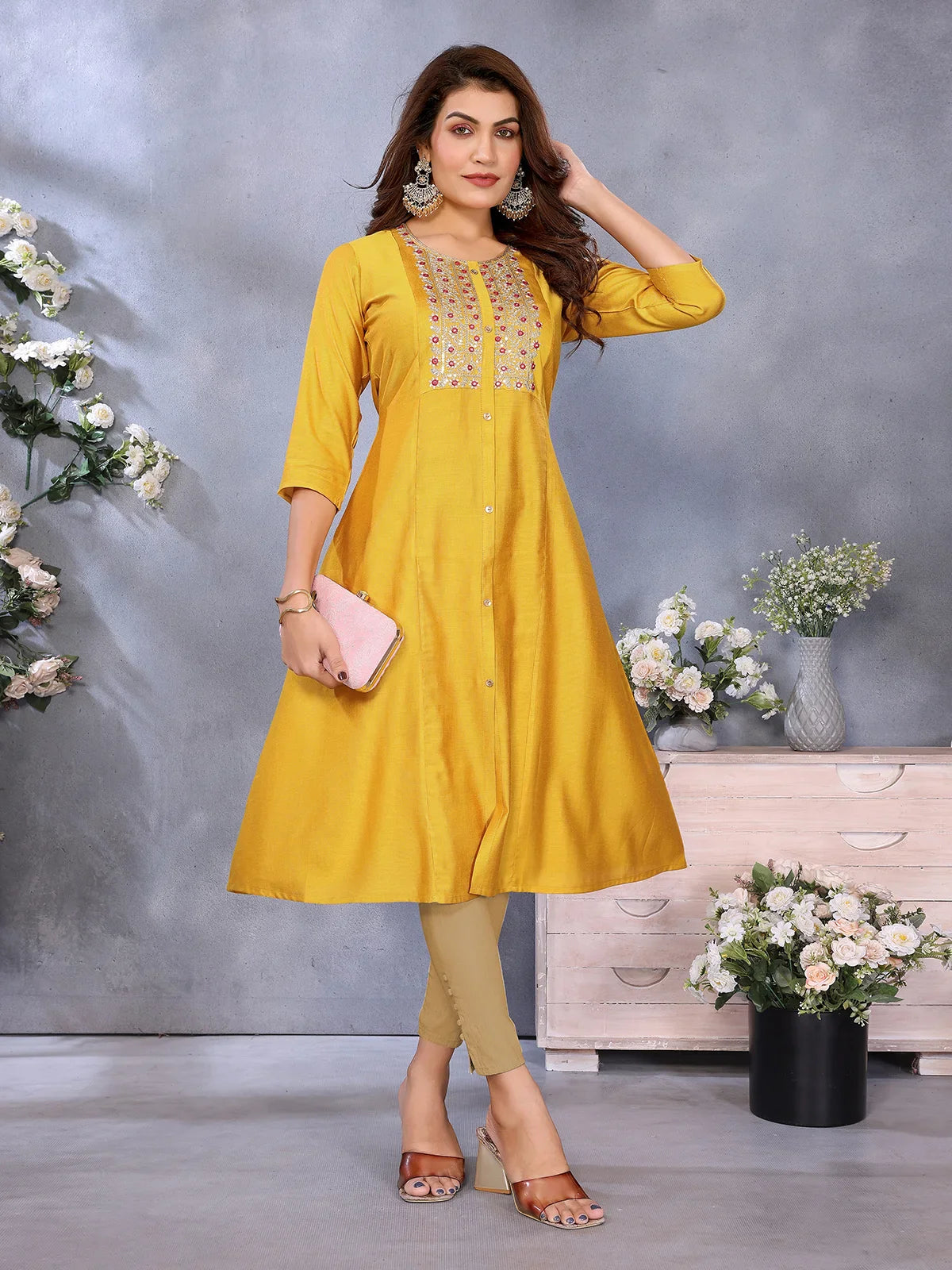 Buy Viscose Poly Embroidered A-Line Calf Length Kurta-Mustard