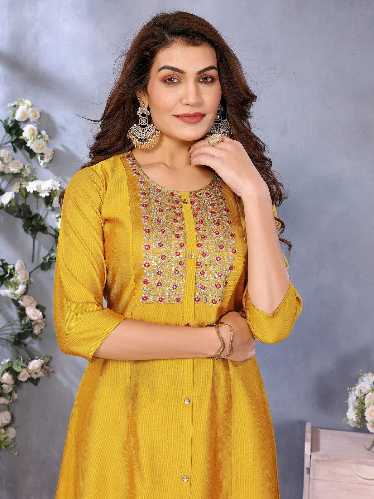 Buy Viscose Poly Embroidered A-Line Calf Length Kurta-Mustard